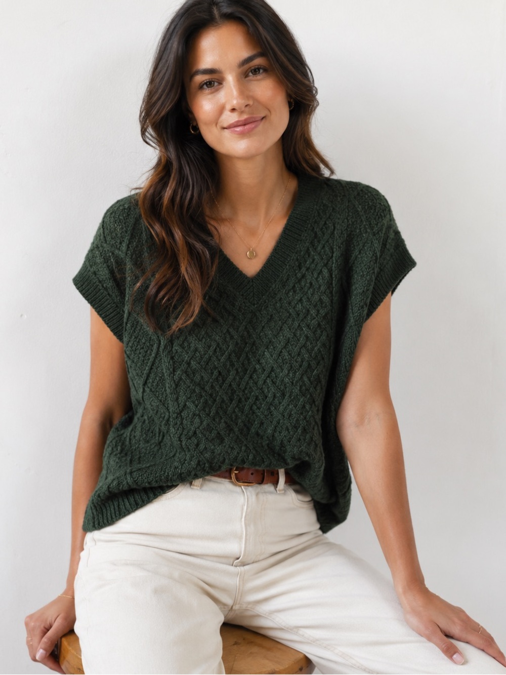 Madewell Oversized Cable Knit Sweater Vest Dark Green Wool Blend Preppy Academia